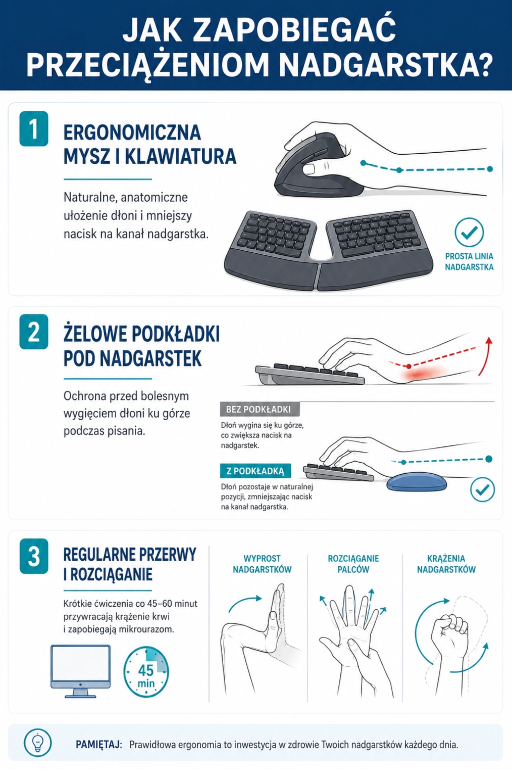 Infografika pokazująca ergonomiczne stanowisko pracy oraz sposoby zapobiegania bólowi i przeciążeniom nadgarstka podczas pracy przy komputerze.