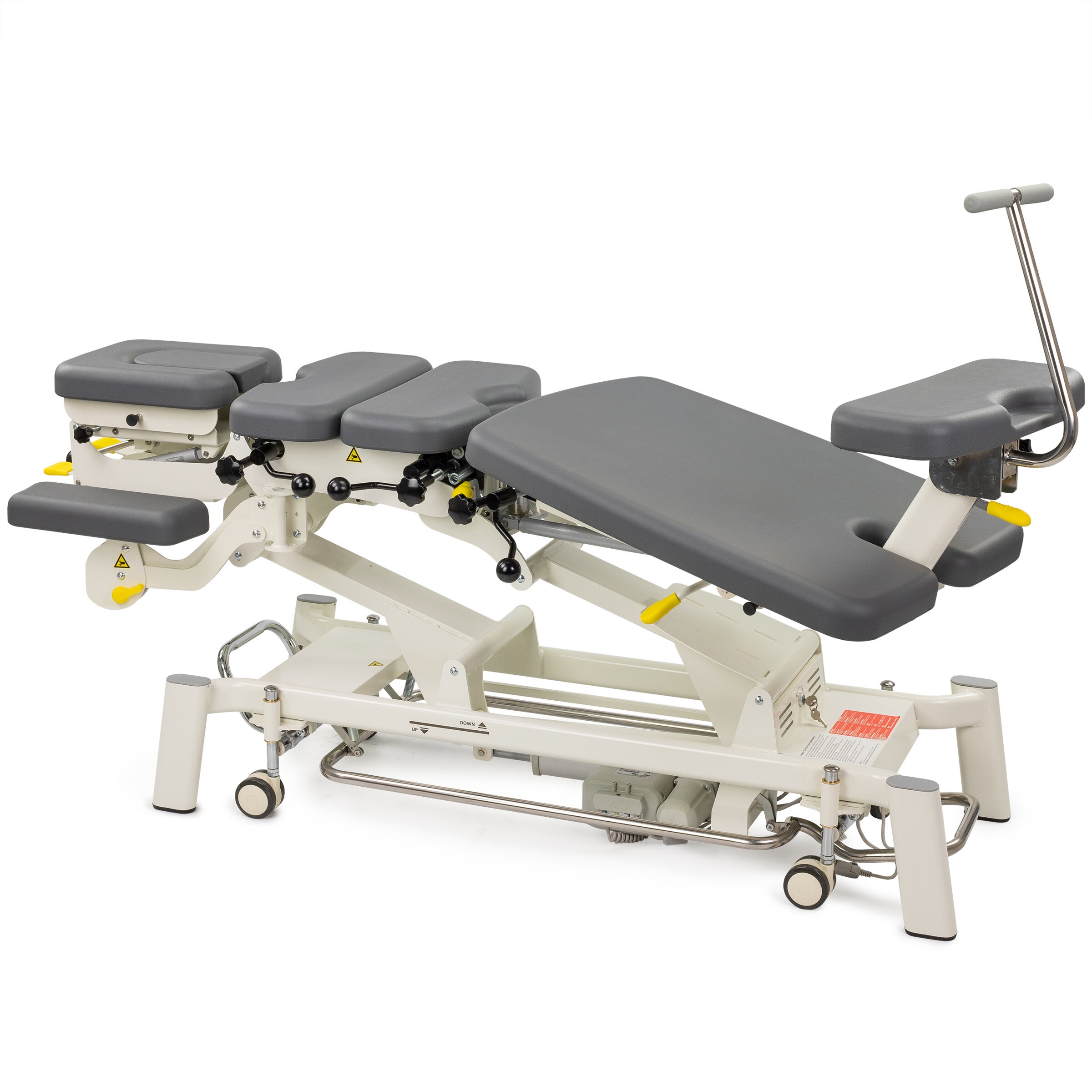 Upright Chiro Z7 to najbardziej zaawansowany, stacjonarny stół do fizjoterapii, technik manualnych, osteopatii i elementów chiropraktyki. Multifunkcjonalny 7 segmentowy blat wyposażono w zaawansowany system regulacji, umożliwiający zastosowanie technik „drop”, funkcję ruchu oraz pozycjonowanie ciała pacjenta w różnych płaszczyznach.