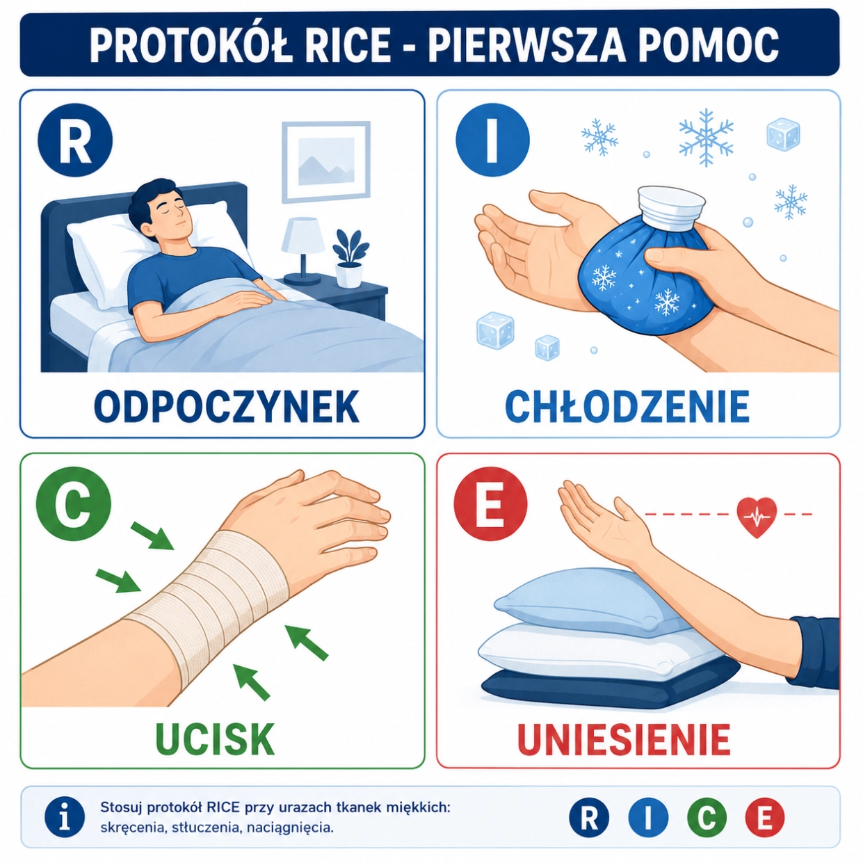 Infografika przedstawiająca protokół RICE stosowany przy urazach tkanek miękkich: odpoczynek, chłodzenie, ucisk i uniesienie kończyny.