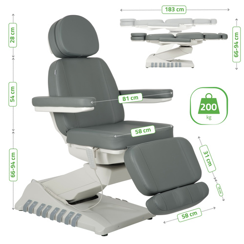 Fotel kosmetyczny z regulacja elektryczną Luxoria PRO 5, Ash Grey - 4 silniki | 3 lata gwarancji