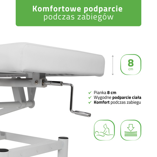 Stół rehabilitacyjny do masażu Vigo 1, sterowanie korbką (biały, biała rama)