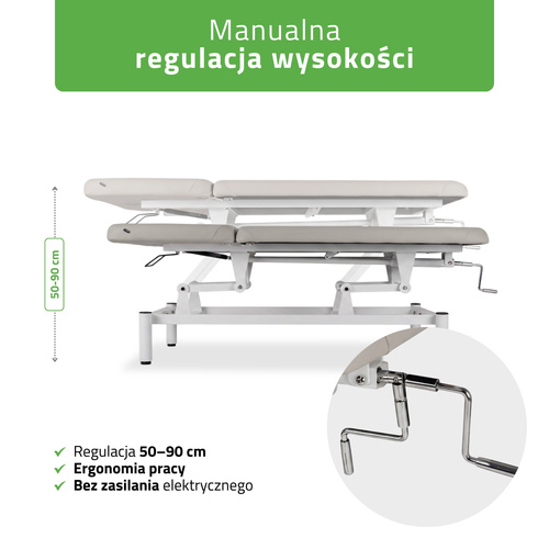 Stół rehabilitacyjny do masażu Vigo 2, sterowanie korbka (jasno szary, biała rama)