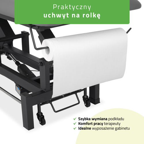 Stół rehabilitacyjny, do masażu, elektryczny Fortis 5 Ergo - pilot ręczny, rama sterująca, szaro czarny