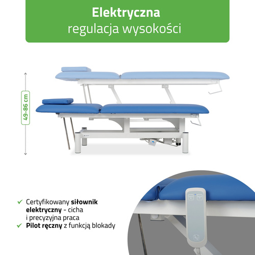 Stół rehabilitacyjny, do masażu elektryczny Optima – pilot ręczny, niebiesko biały