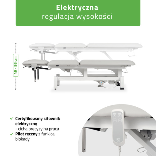 Stół rehabilitacyjny, do masażu, elektryczny Fortis 5 Ergo - pilot ręczny, szaro biały