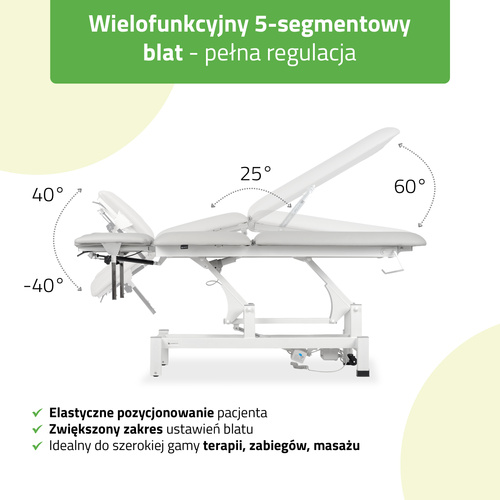 Stół rehabilitacyjny, do masażu, elektryczny Fortis 5 Ergo - pilot ręczny, szaro biały
