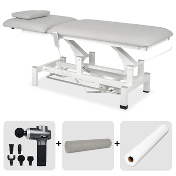 Stół rehabilitacyjny, do masażu, elektryczny Fortis 2. Zestaw z pistoletem do masażu, wałkiem rehabilitacyjnym i podkładem flizelinowym
