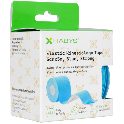 Tejp, taśma elastyczna do kinesiotapingu, 5cm×5m, niebieska, Strong | Habys