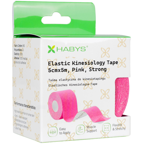 Tejp, taśma elastyczna do kinesiotapingu, 5 cm × 5 m, różowa, Strong | Habys