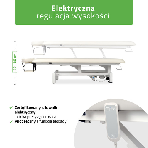 Stół rehabilitacyjny, do masażu, elektryczny Fortis 1. Zestaw z pistoletem do masażu, wałkiem rehabilitacyjnym i podkładem flizelinowym
