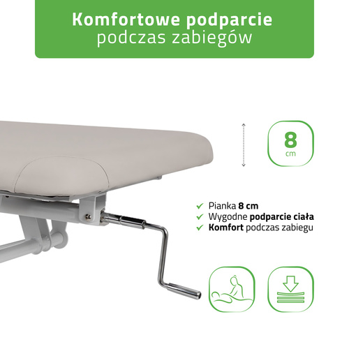 Stół rehabilitacyjny do masażu Vigo 2, sterowanie korbka (jasno szary, biała rama)