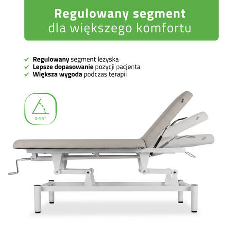 Stół rehabilitacyjny do masażu Vigo 2, sterowanie korbka (jasno szary, biała rama)