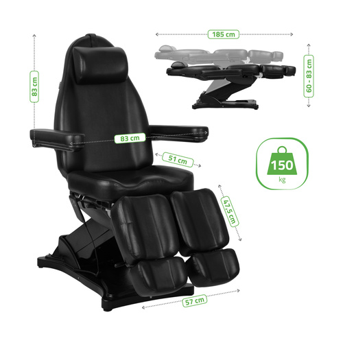 Fotel kosmetyczny z regulacją elektryczną Elara PRO 6P, czarny - 2 silniki