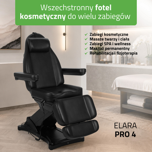 Fotel kosmetyczny z regulacją elektryczną Elara PRO 4, czarny - 3 silniki