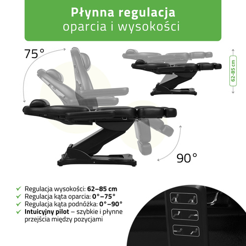 Fotel kosmetyczny z regulacją elektryczną Elara PRO 4, czarny - 3 silniki