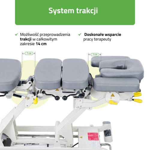 Stół rehabilitacyjny Upright Chiro Z7 - rama sterująca, kółka, regulacja drop, pasy, szaro biały