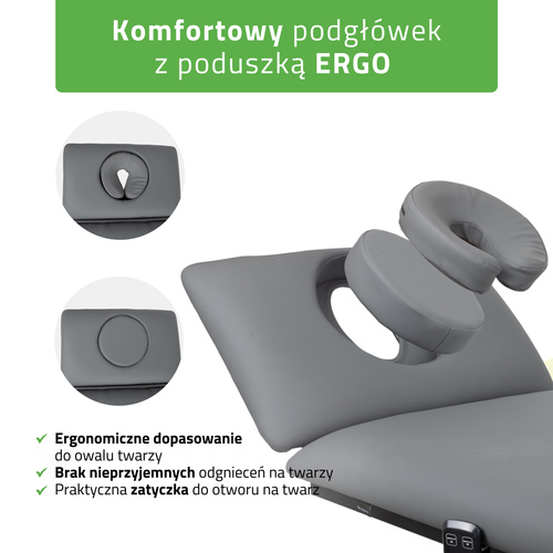 Stół rehabilitacyjny, do masażu, elektryczny Fortis 2 Ergo - pilot ręczny, szaro czarny